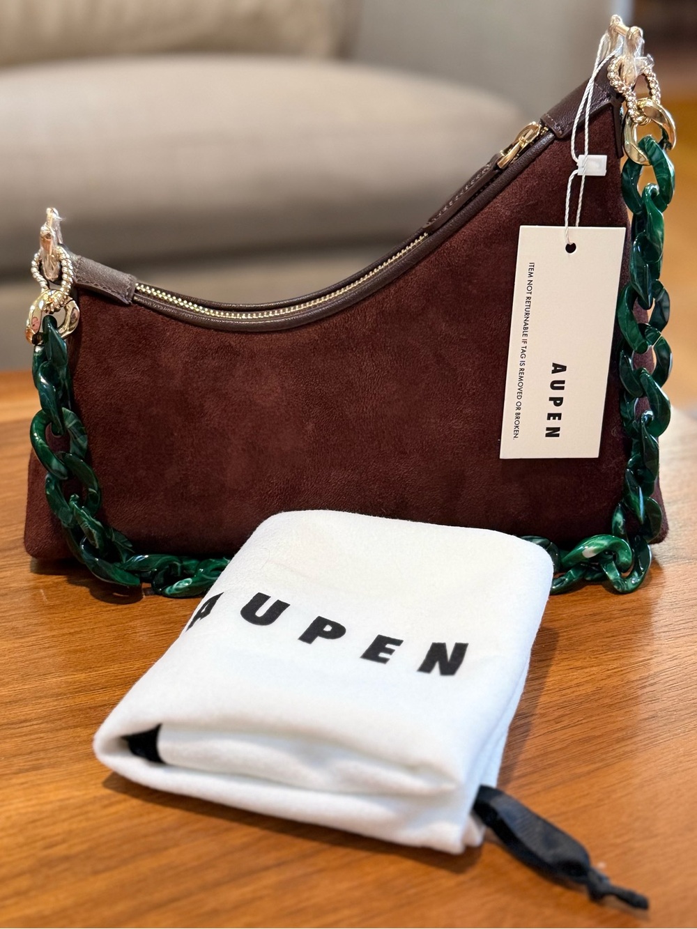 AUPEN Chocolate Suede Ganache Dorée/Nirvanna Shoulder Bag